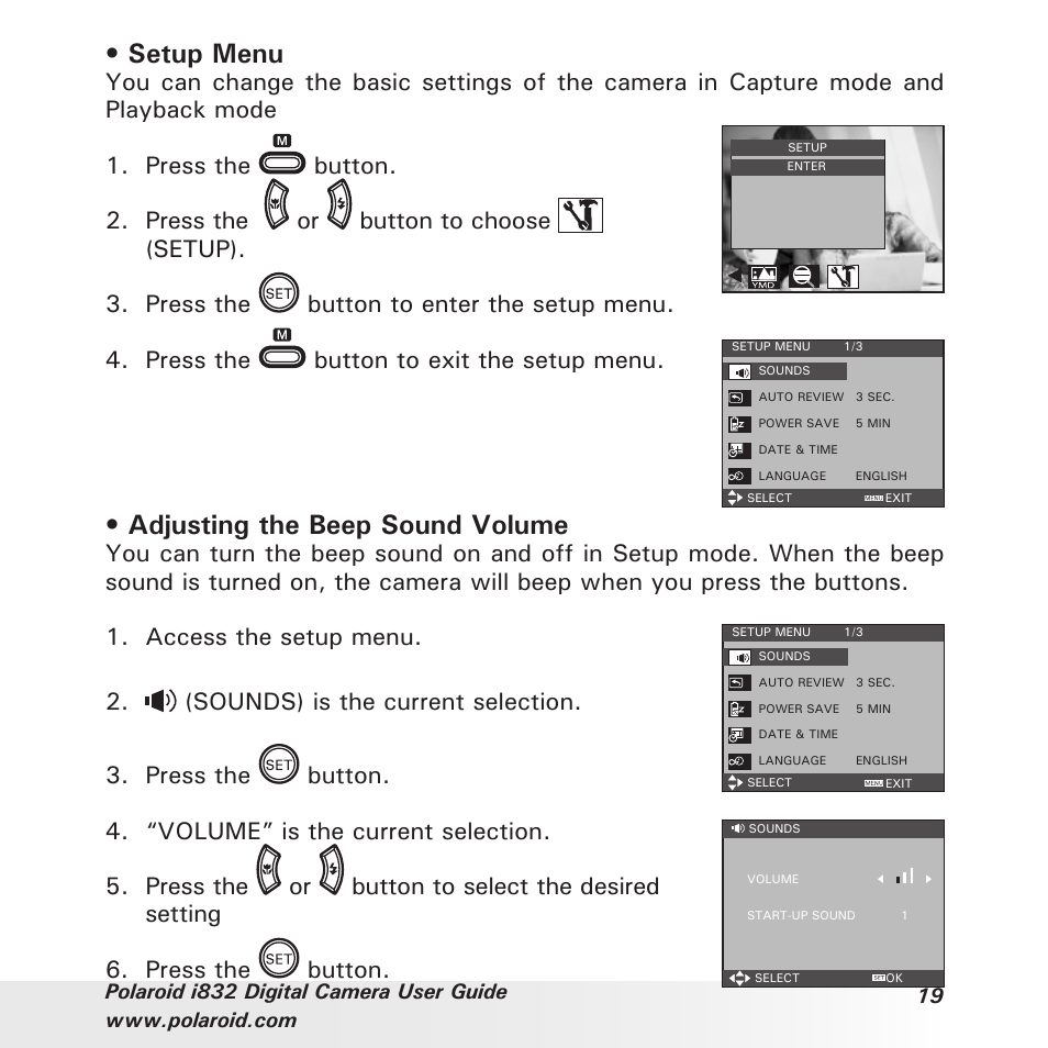 Setup menu, Adjusting the beep sound volume, Press the button | Polaroid i832 User Manual | Page 19 / 110