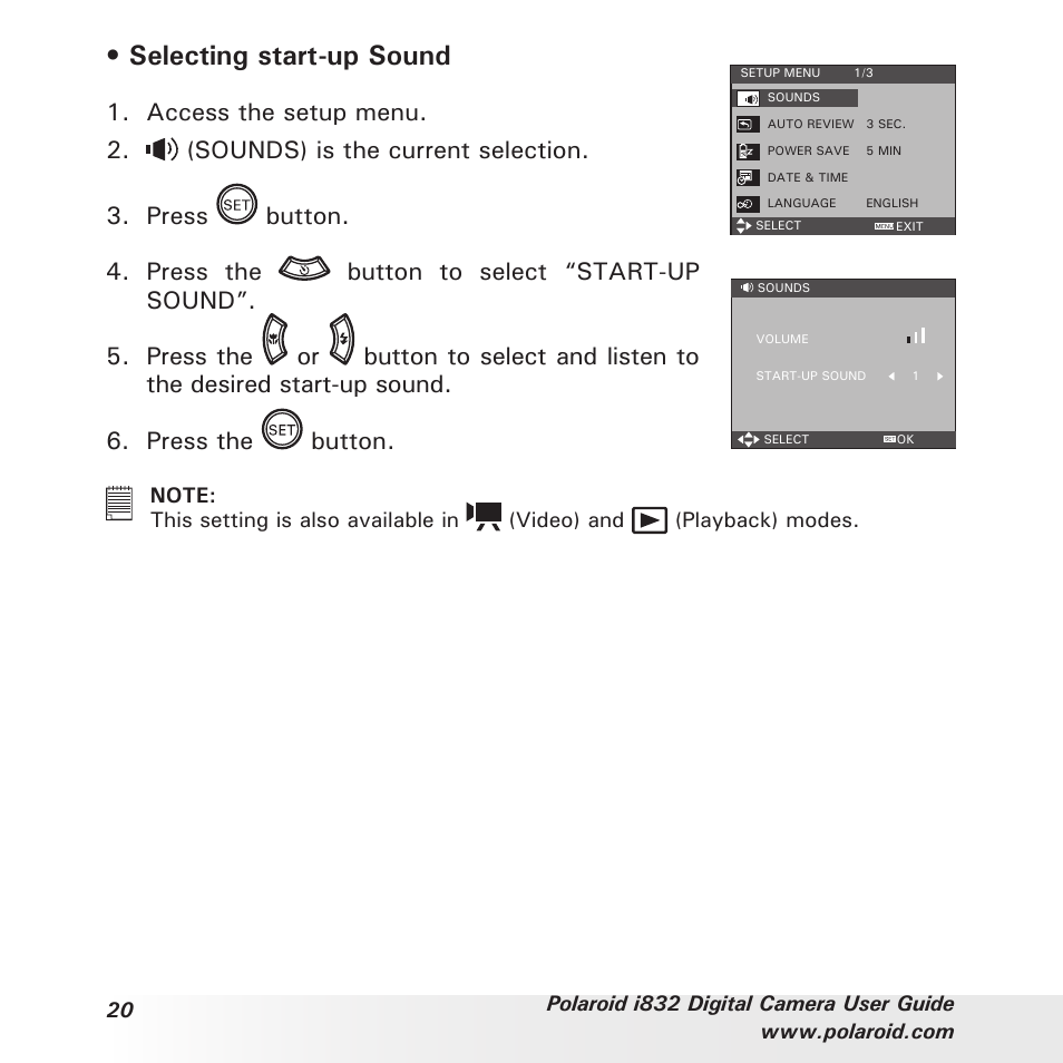 Selecting start-up sound, Press the button | Polaroid i832 User Manual | Page 20 / 110