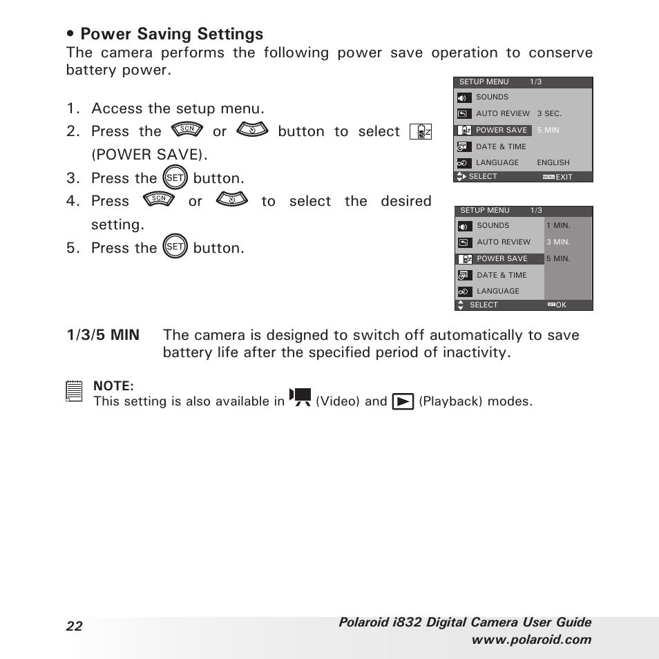 Power saving settings | Polaroid i832 User Manual | Page 22 / 110