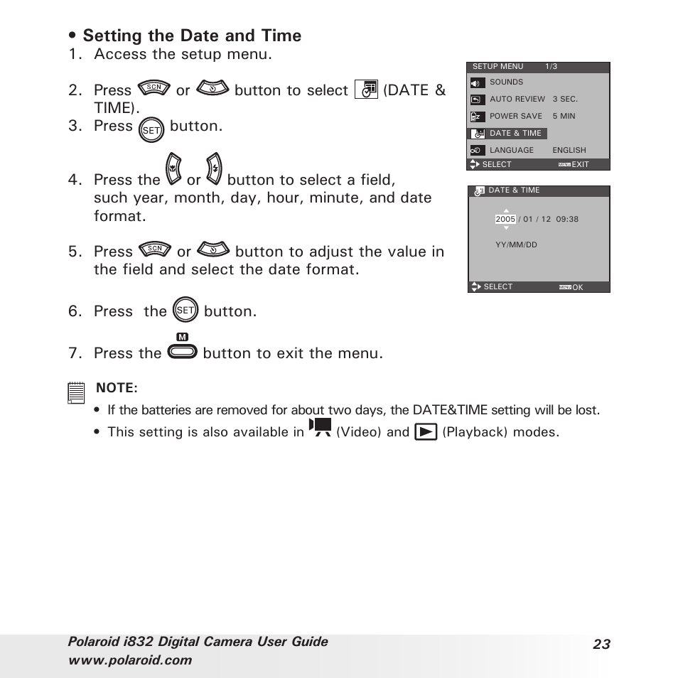 Setting the date and time, Access the setup menu | Polaroid i832 User Manual | Page 23 / 110