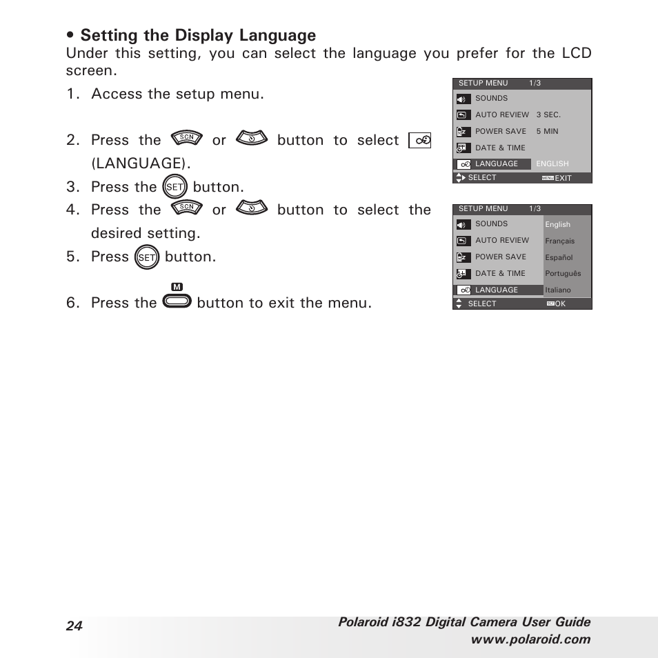 Setting the display language, Press the button to exit the menu | Polaroid i832 User Manual | Page 24 / 110