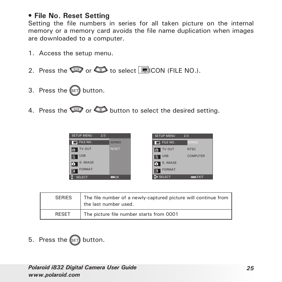 File no. reset setting, Press the button | Polaroid i832 User Manual | Page 25 / 110