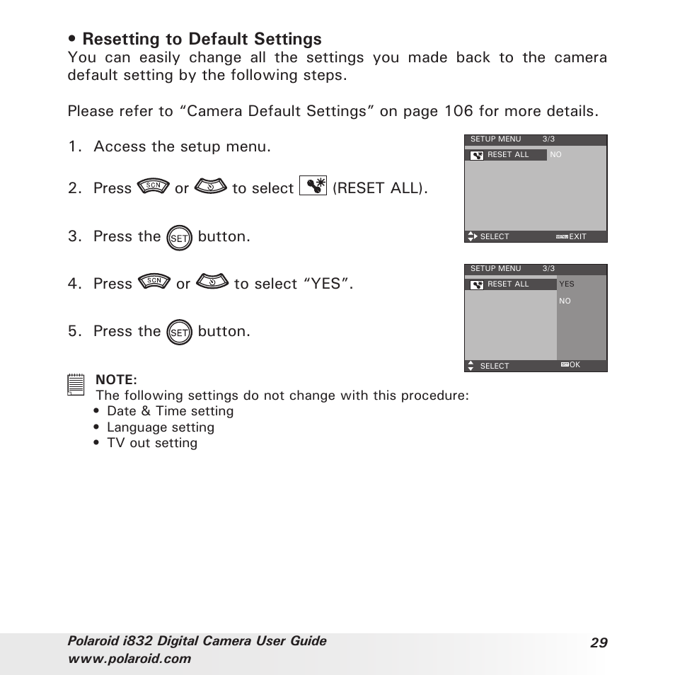 Resetting to default settings | Polaroid i832 User Manual | Page 29 / 110