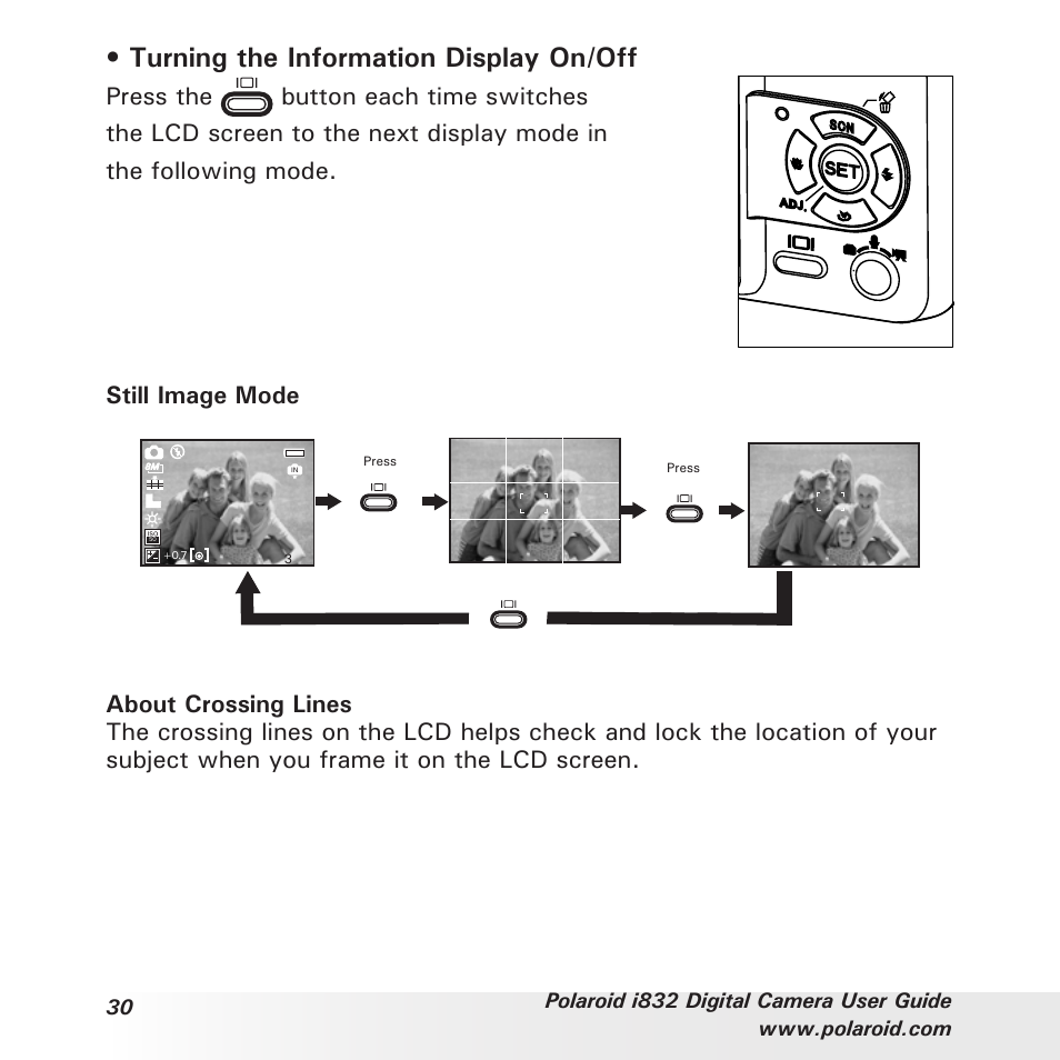 Turning the information display on/off | Polaroid i832 User Manual | Page 30 / 110