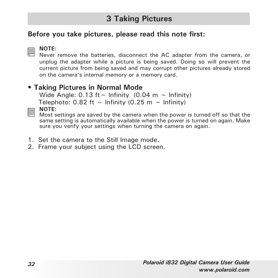 3 taking pictures, Taking pictures in normal mode | Polaroid i832 User Manual | Page 32 / 110