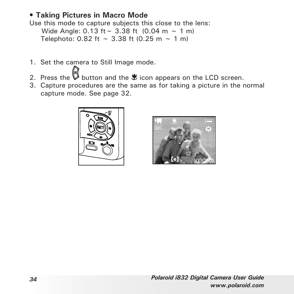 Taking pictures in macro mode | Polaroid i832 User Manual | Page 34 / 110