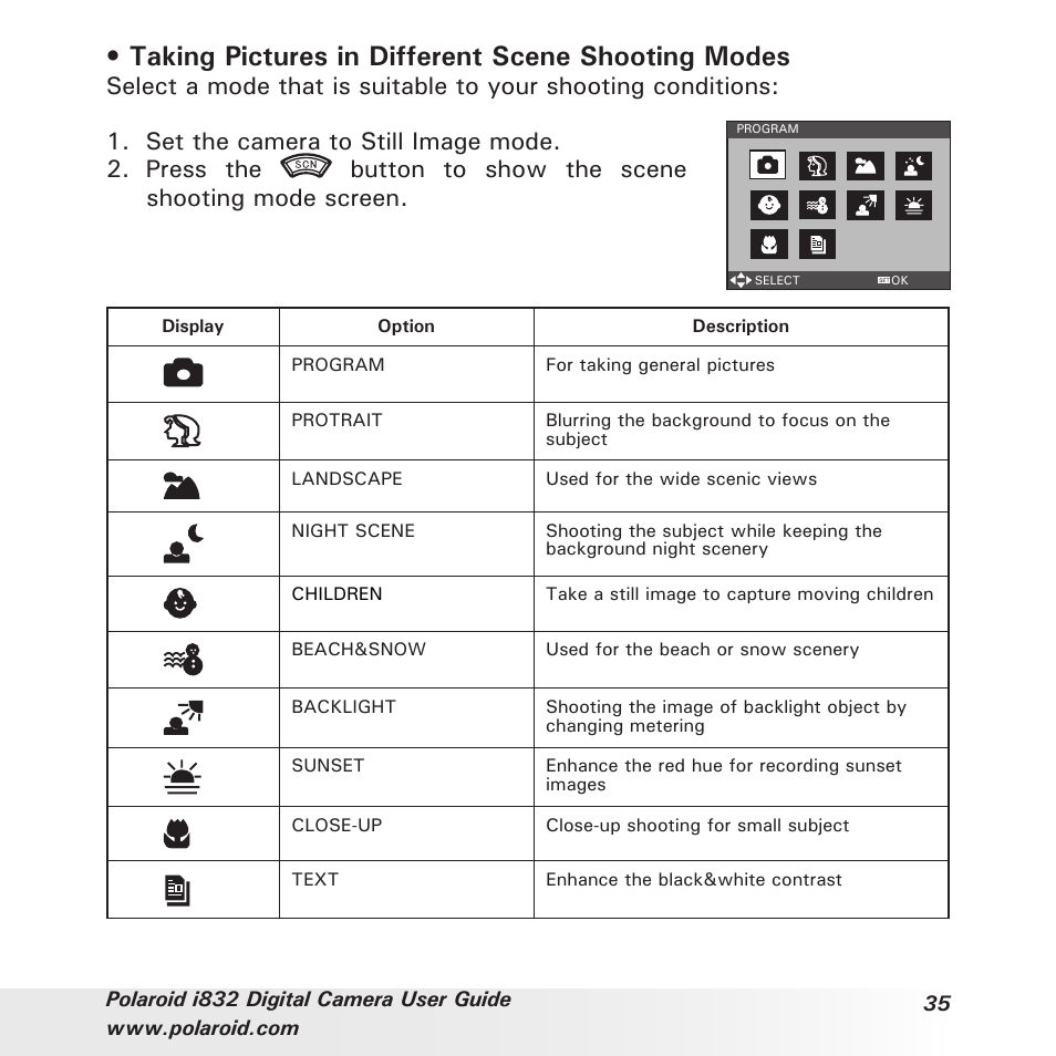 Taking pictures in different scene shooting modes | Polaroid i832 User Manual | Page 35 / 110