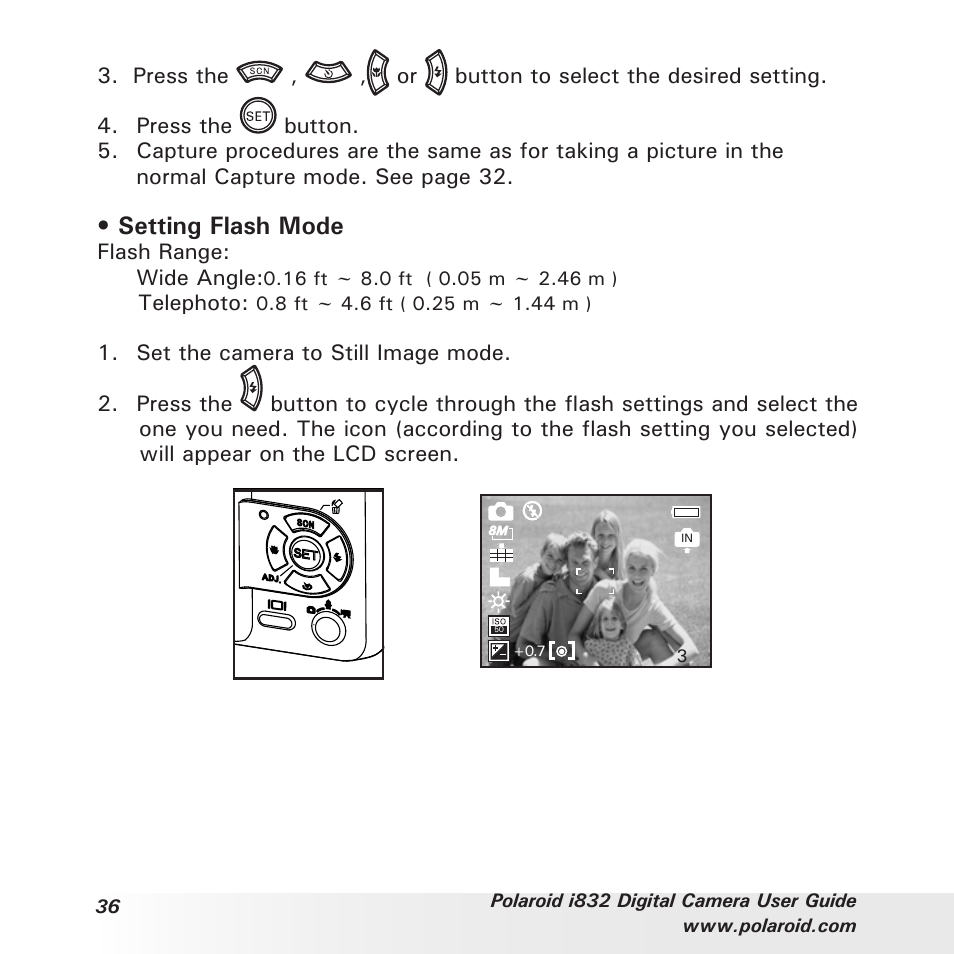 Setting flash mode | Polaroid i832 User Manual | Page 36 / 110