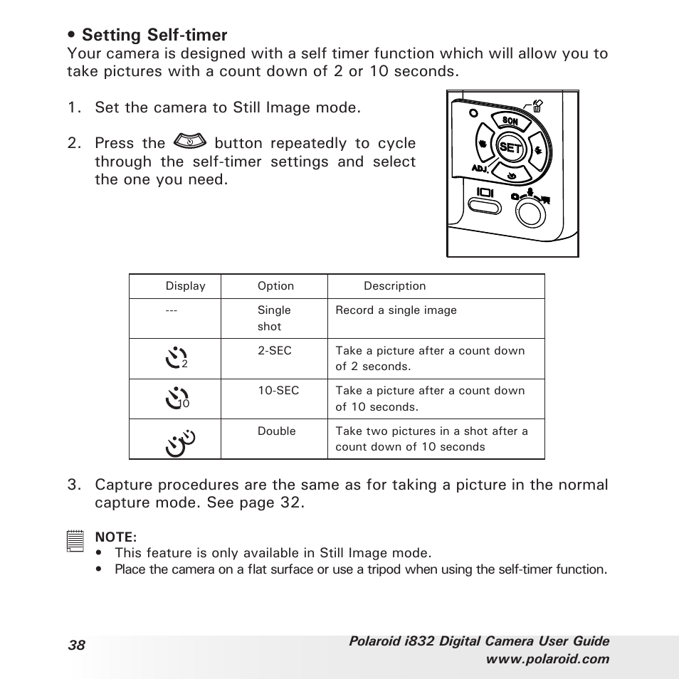 Setting self-timer | Polaroid i832 User Manual | Page 38 / 110