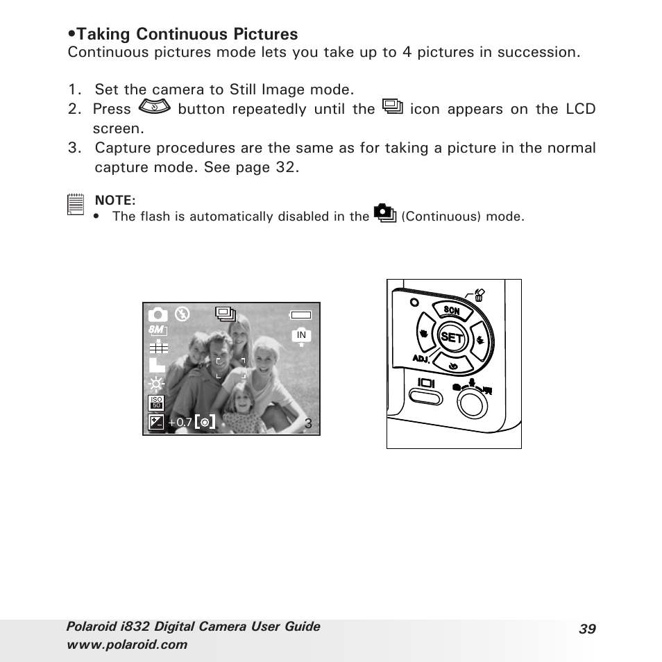 Taking continuous pictures | Polaroid i832 User Manual | Page 39 / 110