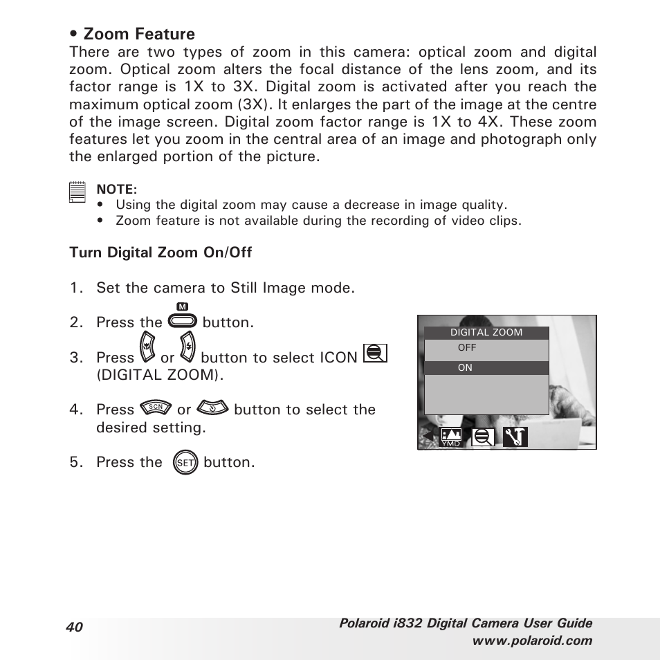 Zoom feature | Polaroid i832 User Manual | Page 40 / 110