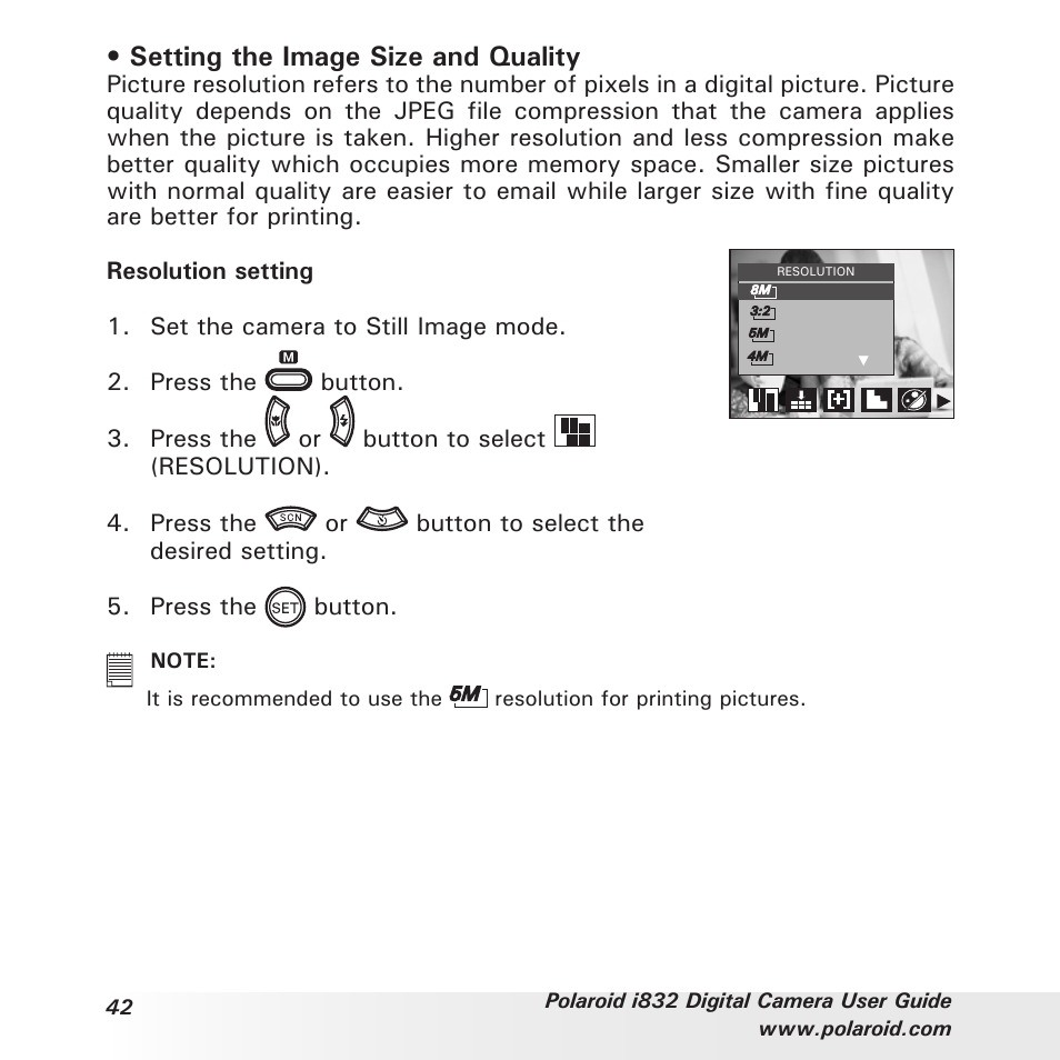 Setting the image size and quality | Polaroid i832 User Manual | Page 42 / 110