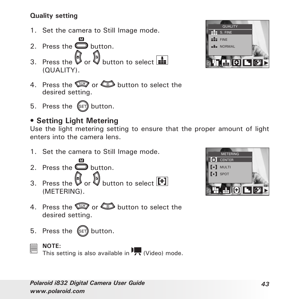 Setting light metering | Polaroid i832 User Manual | Page 43 / 110