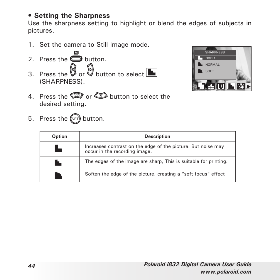 Setting the sharpness | Polaroid i832 User Manual | Page 44 / 110