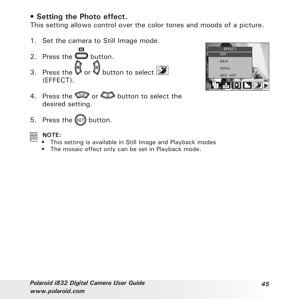 Setting the photo effect | Polaroid i832 User Manual | Page 45 / 110