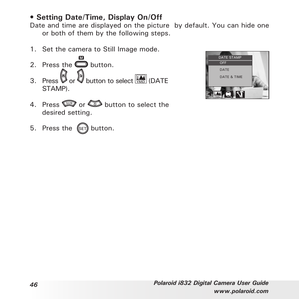 Setting date/time, display on/off | Polaroid i832 User Manual | Page 46 / 110