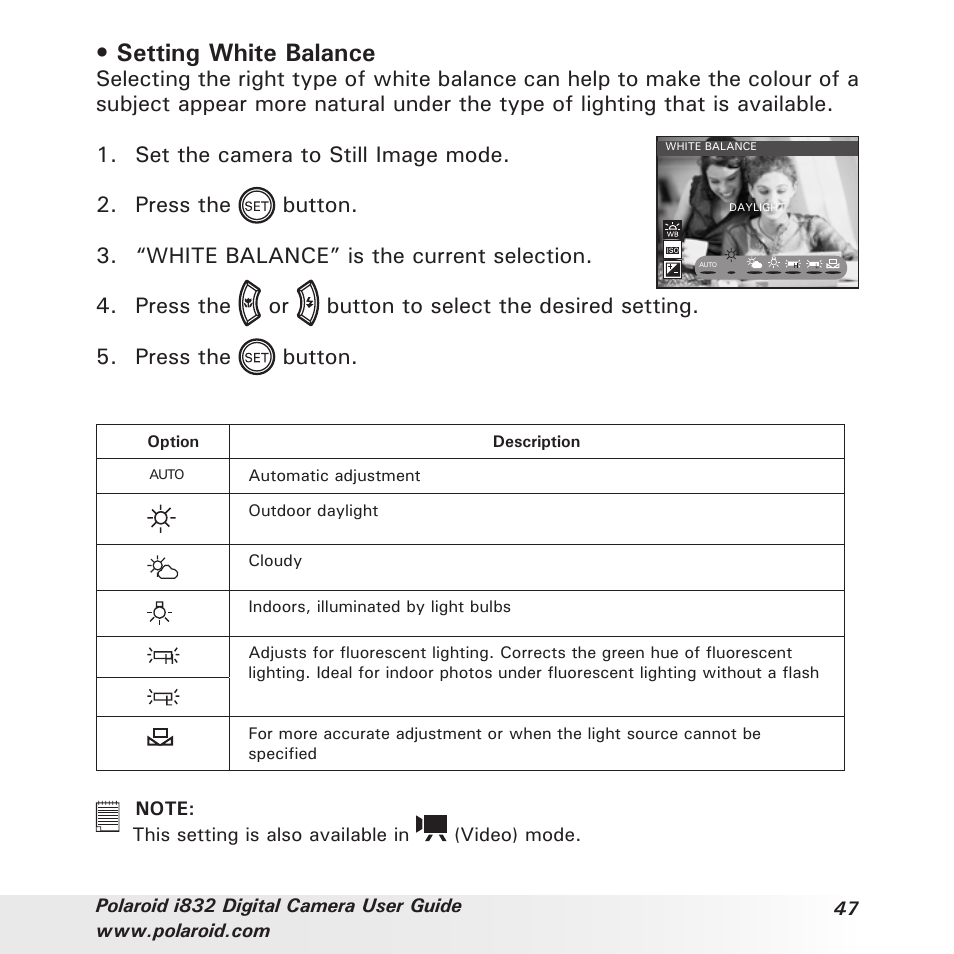 Setting white balance | Polaroid i832 User Manual | Page 47 / 110