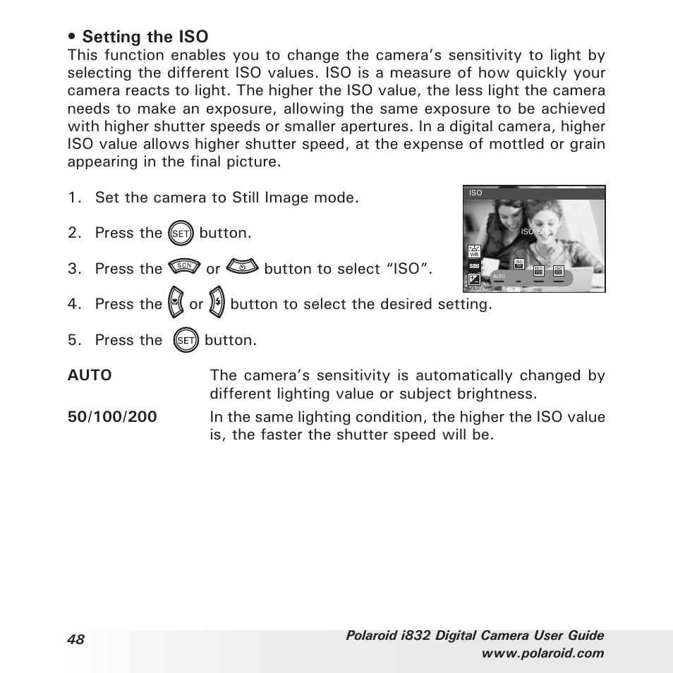 Setting the iso | Polaroid i832 User Manual | Page 48 / 110