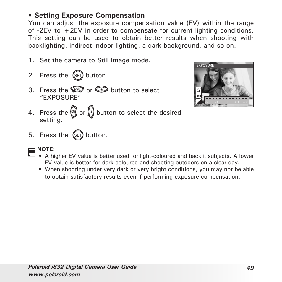 Setting exposure compensation | Polaroid i832 User Manual | Page 49 / 110