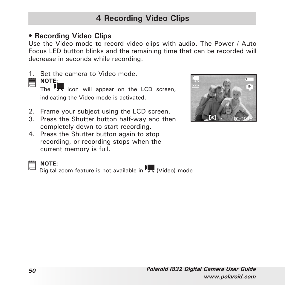 4 recording video clips, Recording video clips | Polaroid i832 User Manual | Page 50 / 110