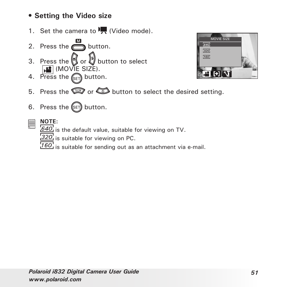 Setting the video size | Polaroid i832 User Manual | Page 51 / 110