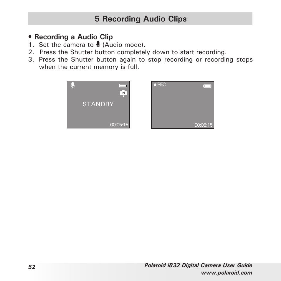 5 recording audio clips, Recording a audio clip | Polaroid i832 User Manual | Page 52 / 110
