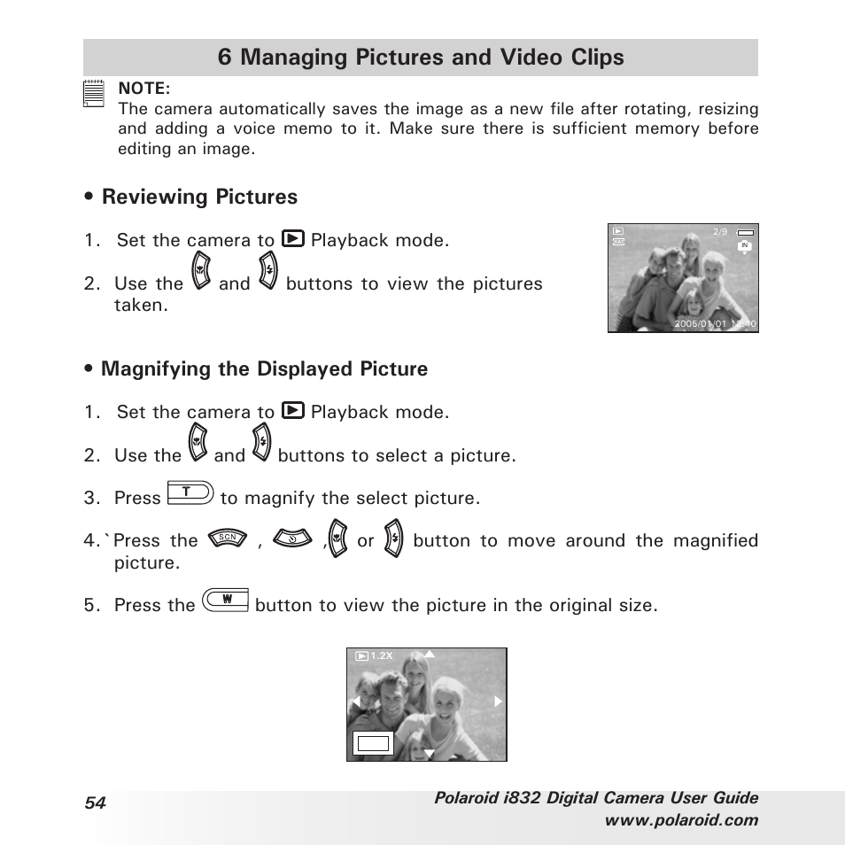 6 managing pictures and video clips, Reviewing pictures, Magnifying the displayed picture | Polaroid i832 User Manual | Page 54 / 110