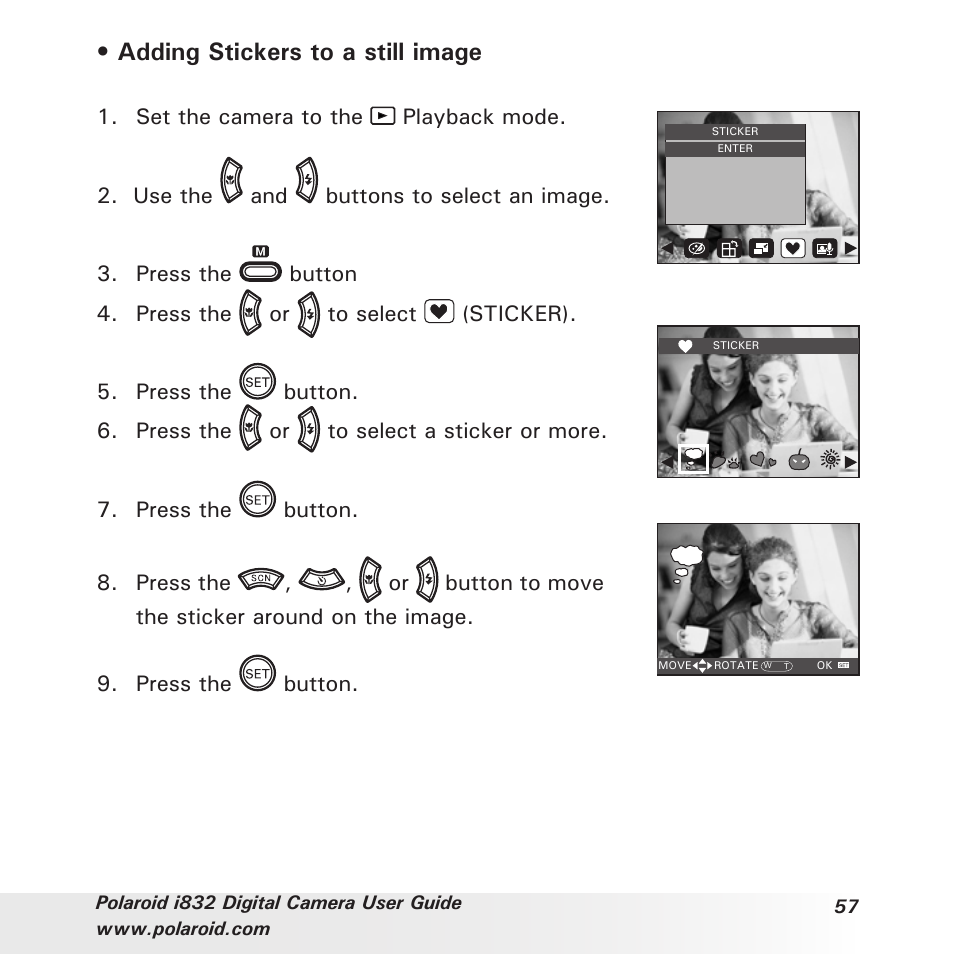 Adding stickers to a still image, Press the button | Polaroid i832 User Manual | Page 57 / 110