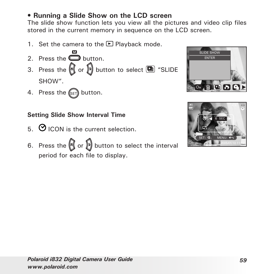 Running a slide show on the lcd screen | Polaroid i832 User Manual | Page 59 / 110