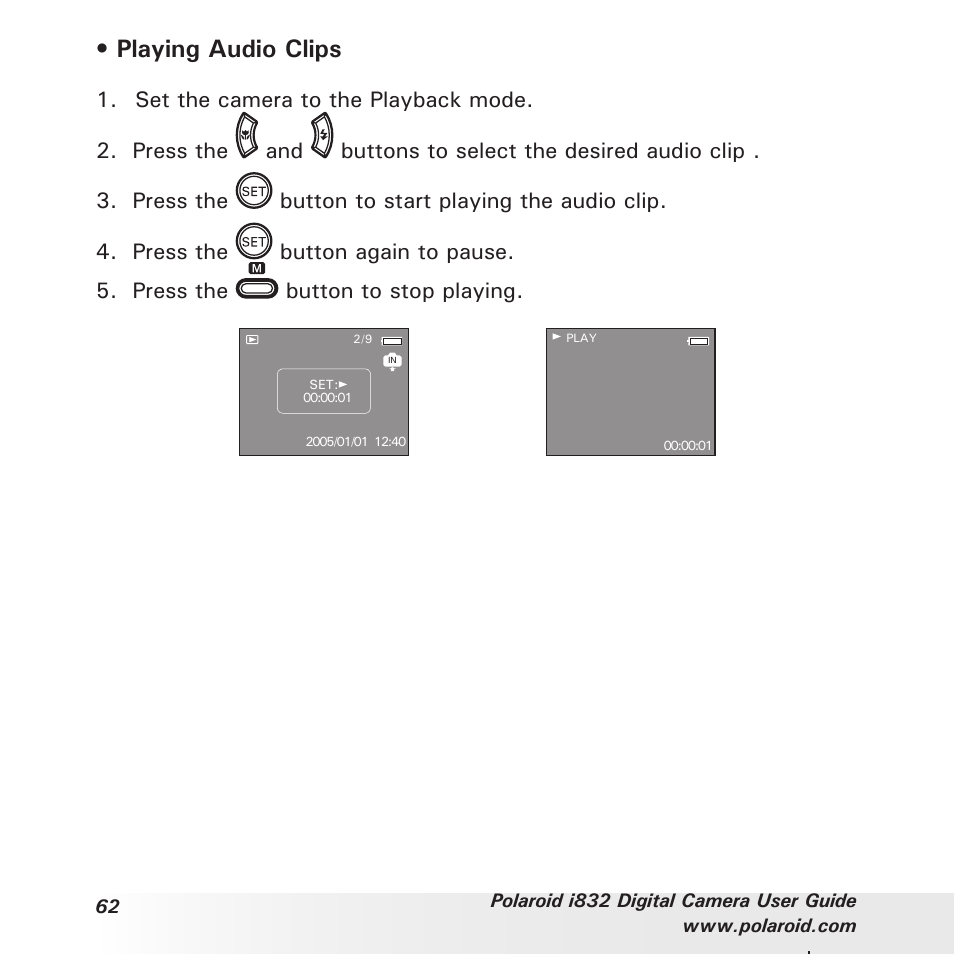 Playing audio clips | Polaroid i832 User Manual | Page 62 / 110