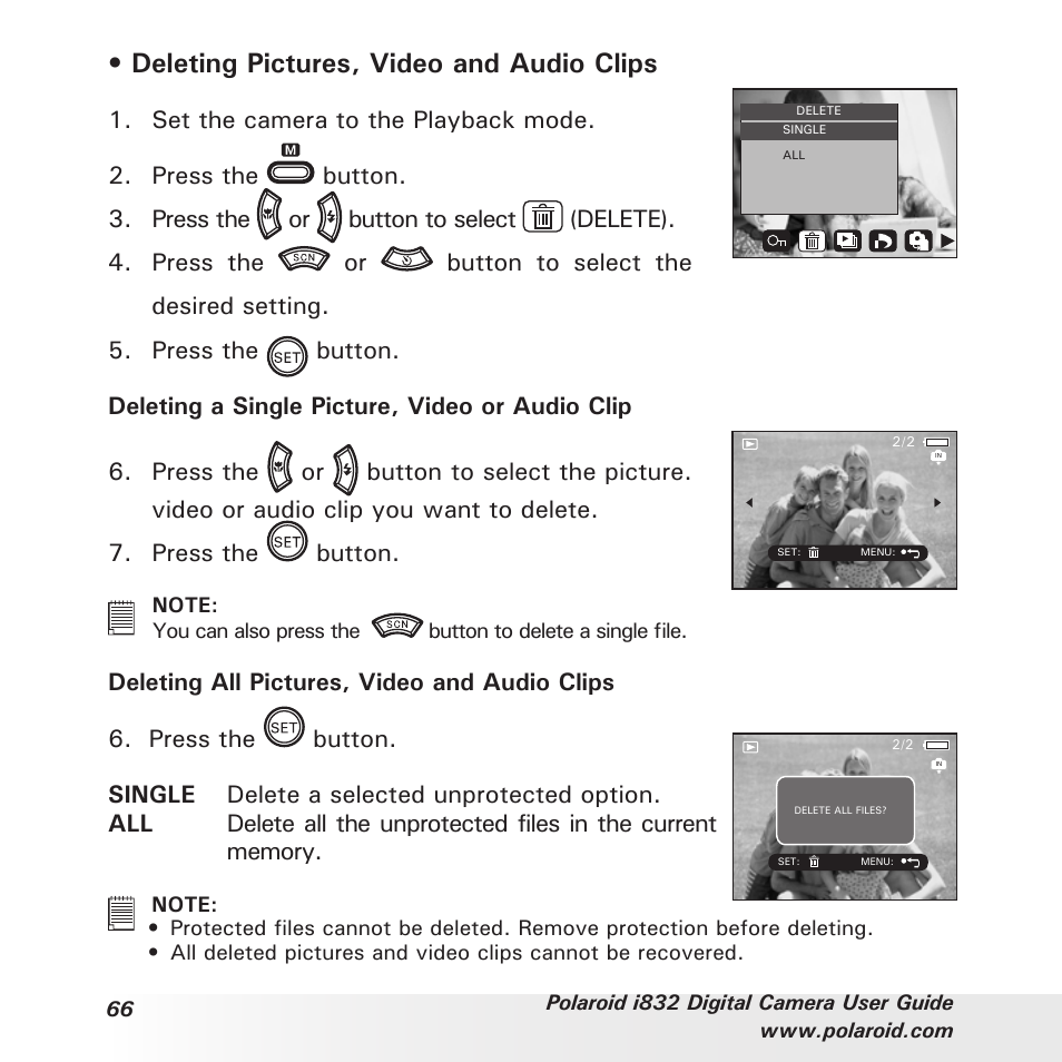 Deleting pictures, video and audio clips, Set the camera to the playback mode | Polaroid i832 User Manual | Page 66 / 110