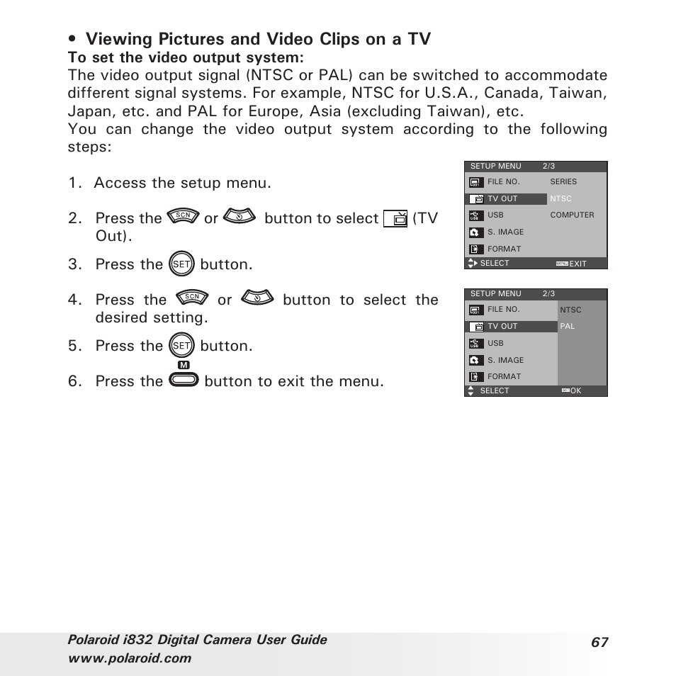 Viewing pictures and video clips on a tv, Press the button to exit the menu | Polaroid i832 User Manual | Page 67 / 110