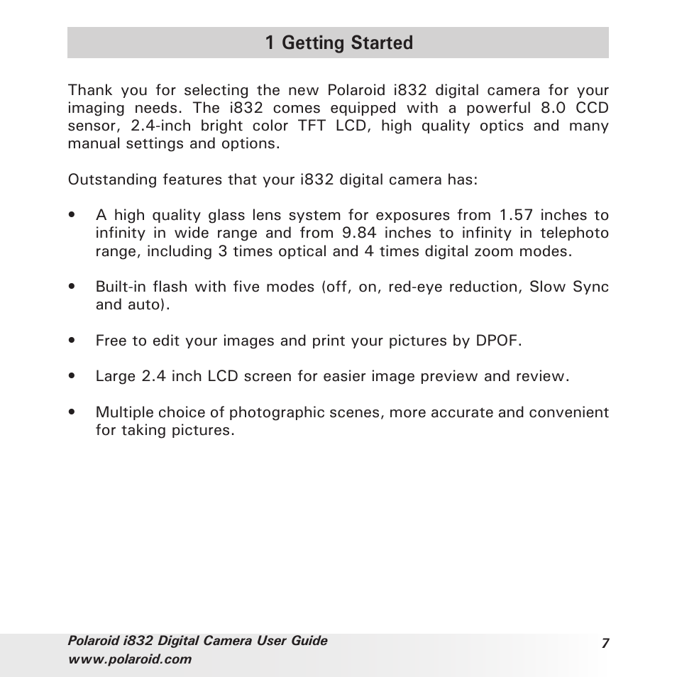 1 getting started | Polaroid i832 User Manual | Page 7 / 110