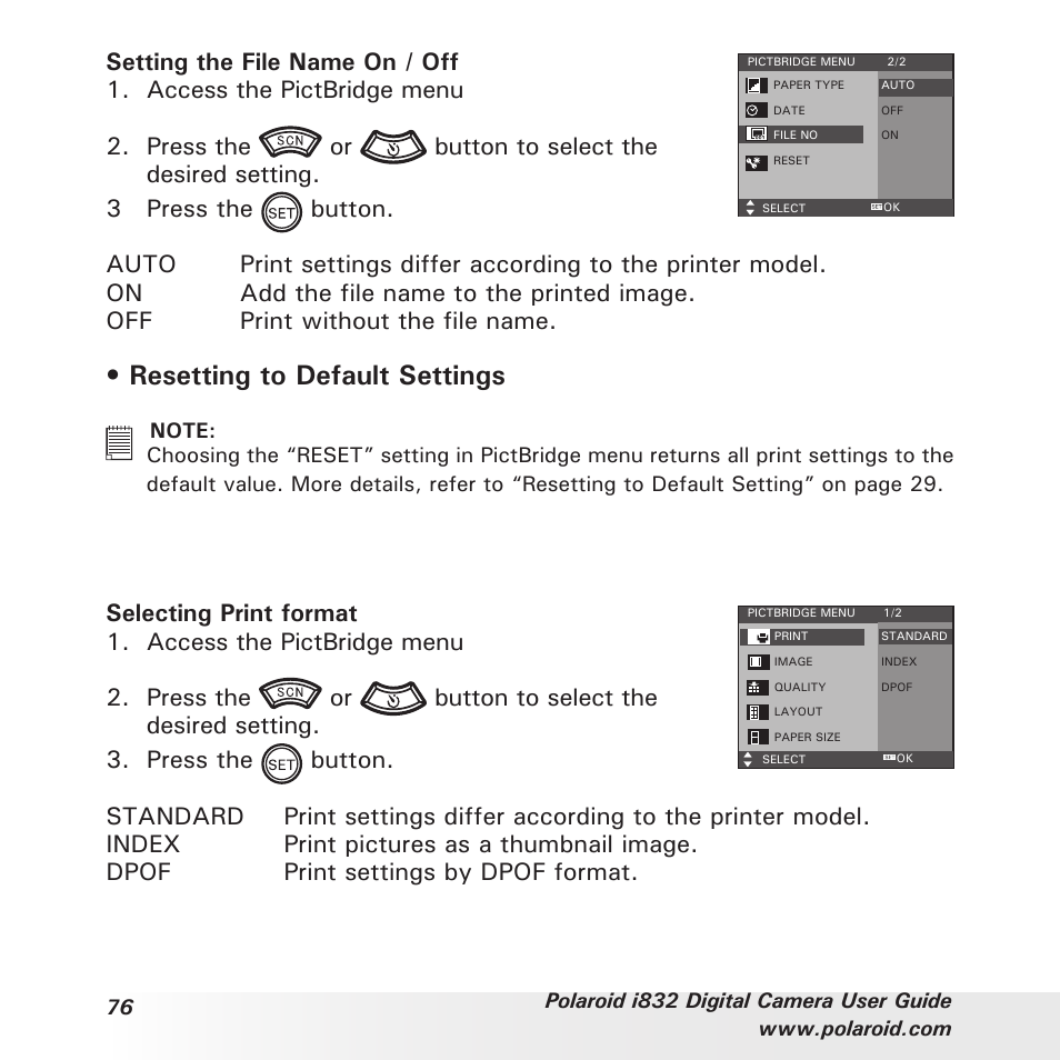 Resetting to default settings | Polaroid i832 User Manual | Page 76 / 110