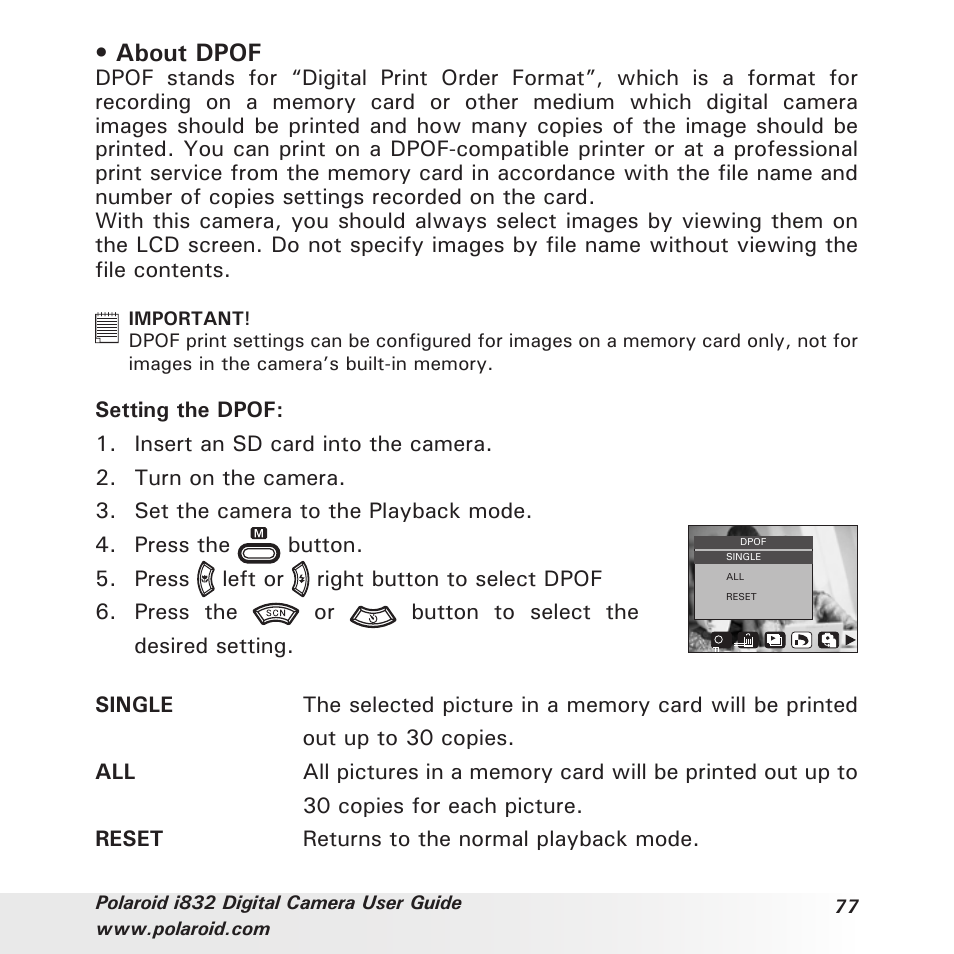 About dpof | Polaroid i832 User Manual | Page 77 / 110