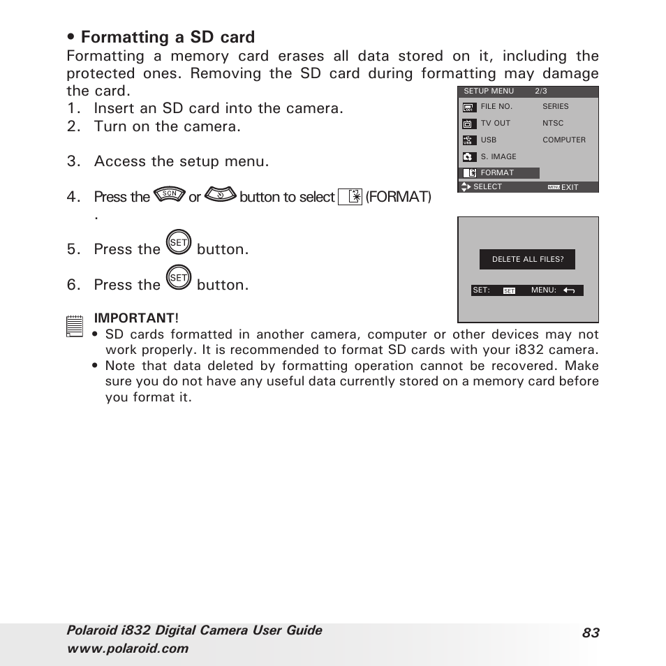 Formatting a sd card | Polaroid i832 User Manual | Page 83 / 110