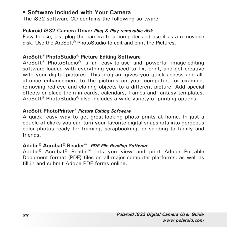 Software included with your camera | Polaroid i832 User Manual | Page 88 / 110