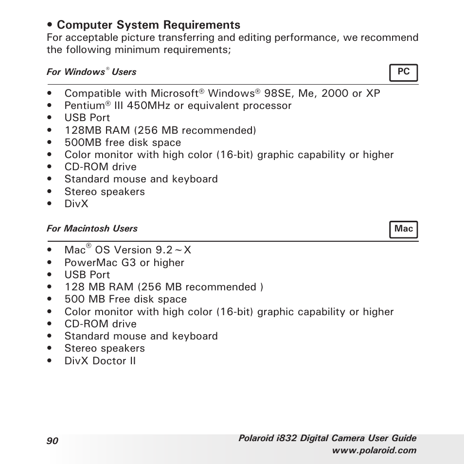 Computer system requirements | Polaroid i832 User Manual | Page 90 / 110