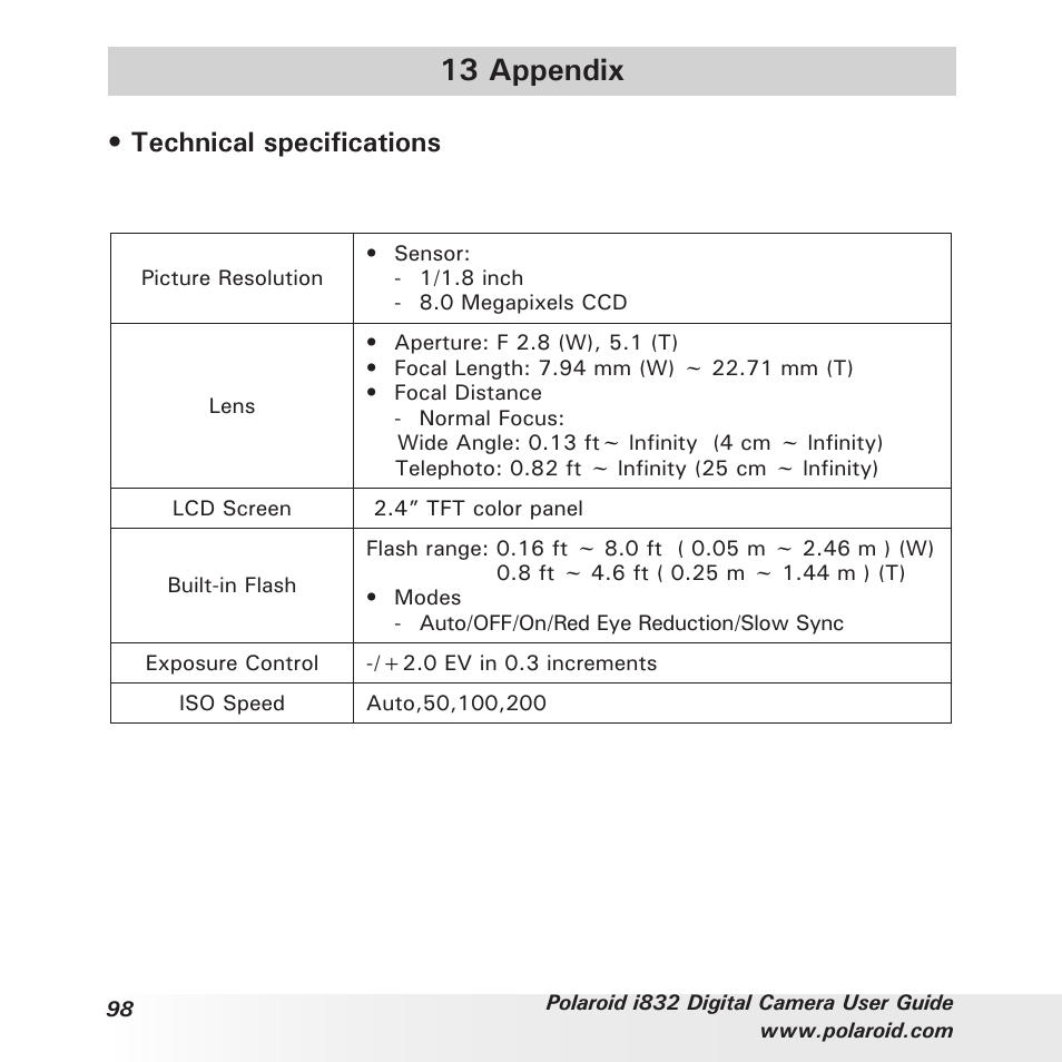 13 appendix, Technical specifications | Polaroid i832 User Manual | Page 98 / 110