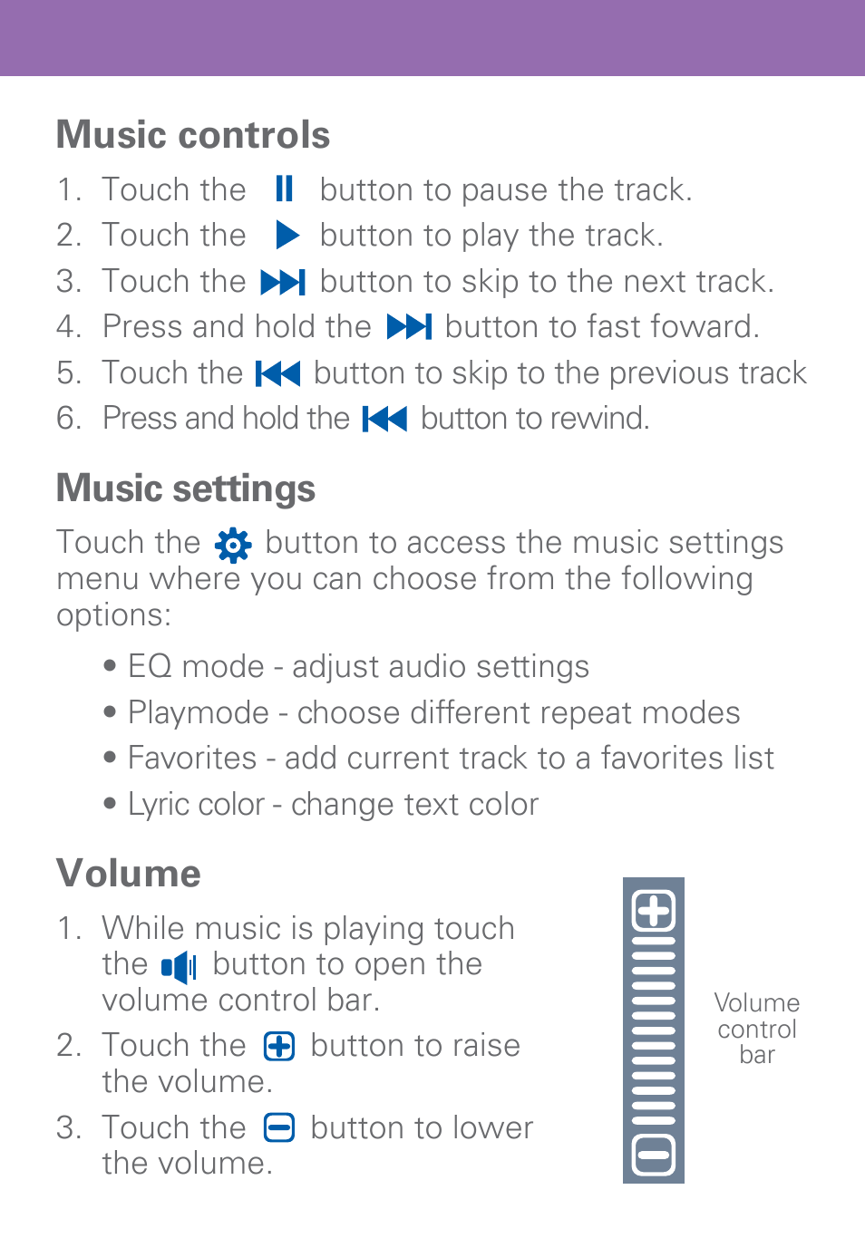 Music controls, Music settings, Volume | Polaroid PMP500-4 User Manual | Page 10 / 32