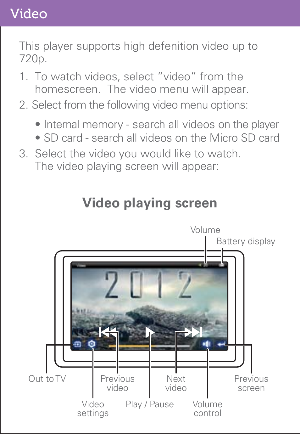 Video, Video playing screen | Polaroid PMP500-4 User Manual | Page 12 / 32