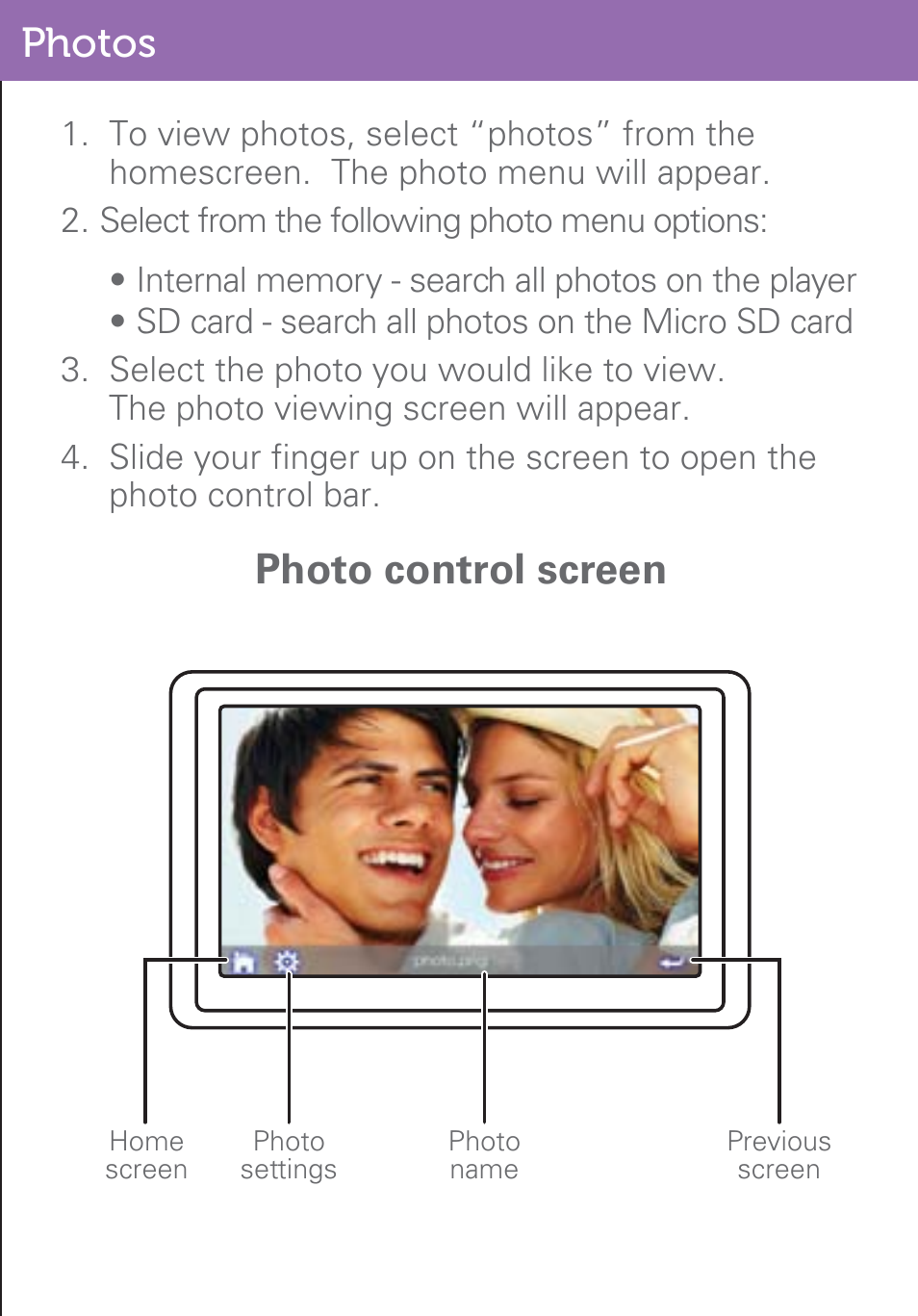 Photos, Photo control screen | Polaroid PMP500-4 User Manual | Page 16 / 32