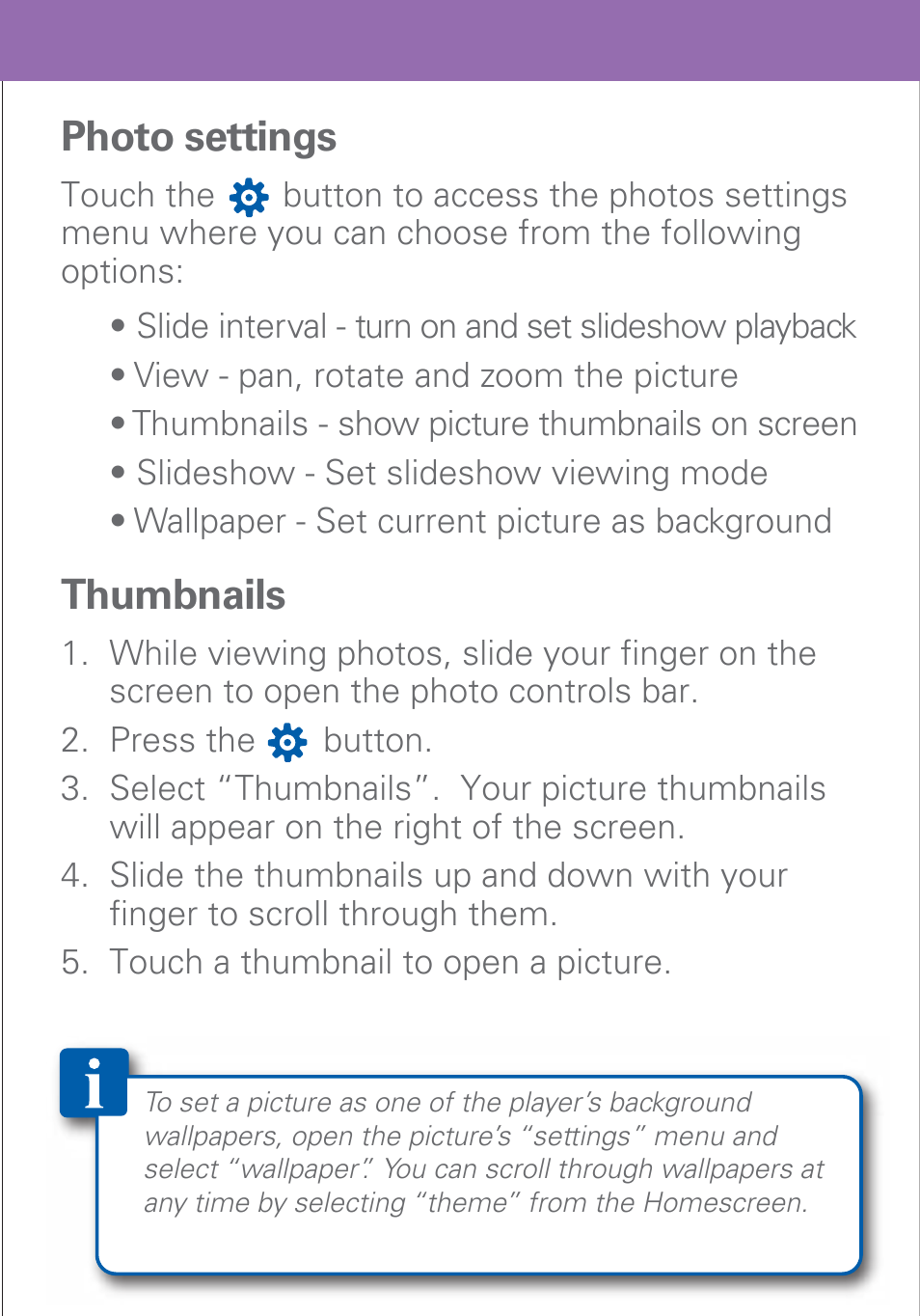 Photo settings, Thumbnails | Polaroid PMP500-4 User Manual | Page 17 / 32