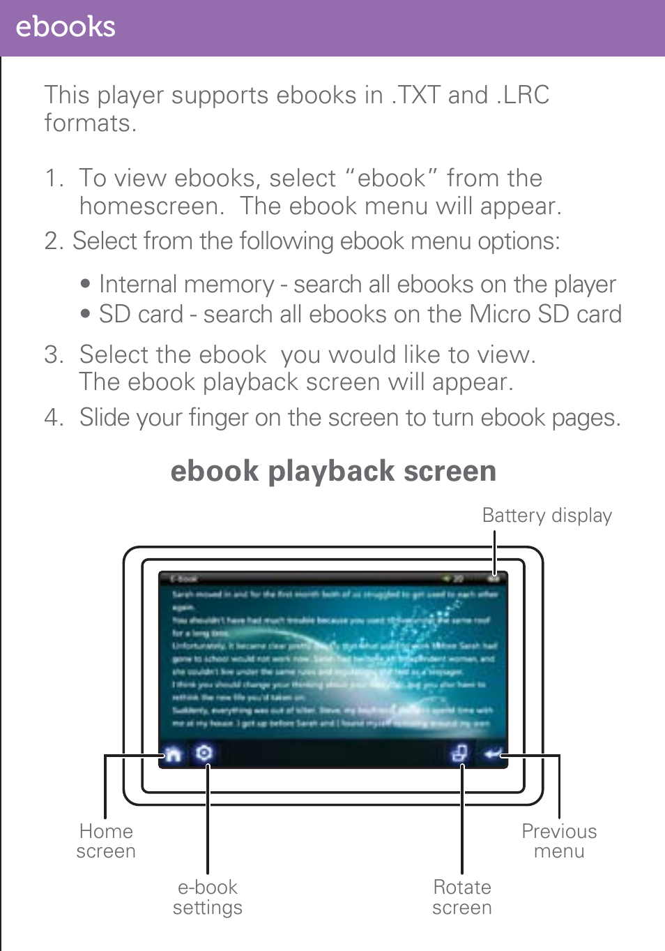 Ebooks, Ebook playback screen | Polaroid PMP500-4 User Manual | Page 20 / 32
