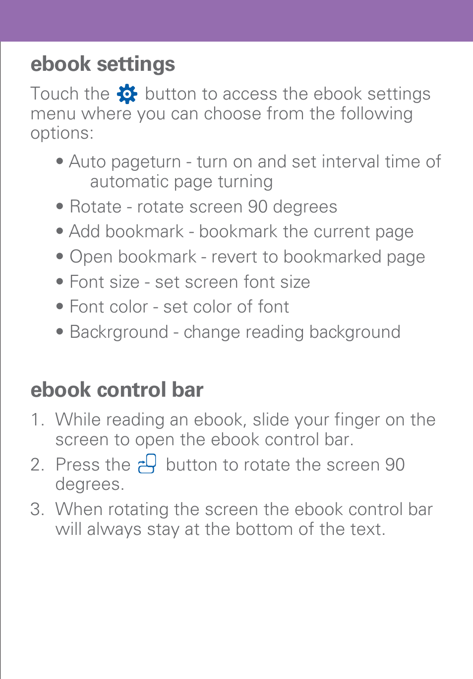 Ebook settings, Ebook control bar | Polaroid PMP500-4 User Manual | Page 21 / 32