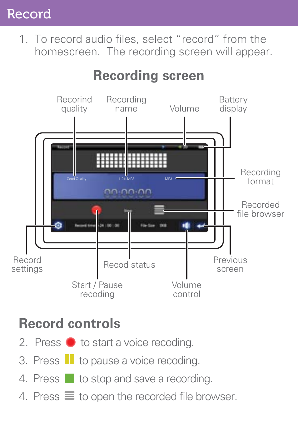 Record, Recording screen record controls | Polaroid PMP500-4 User Manual | Page 22 / 32