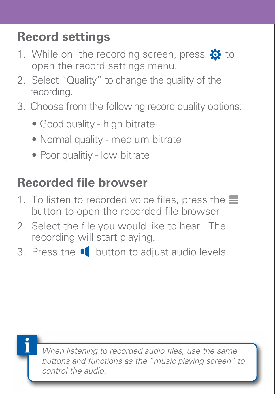 Record settings, Recorded file browser | Polaroid PMP500-4 User Manual | Page 23 / 32