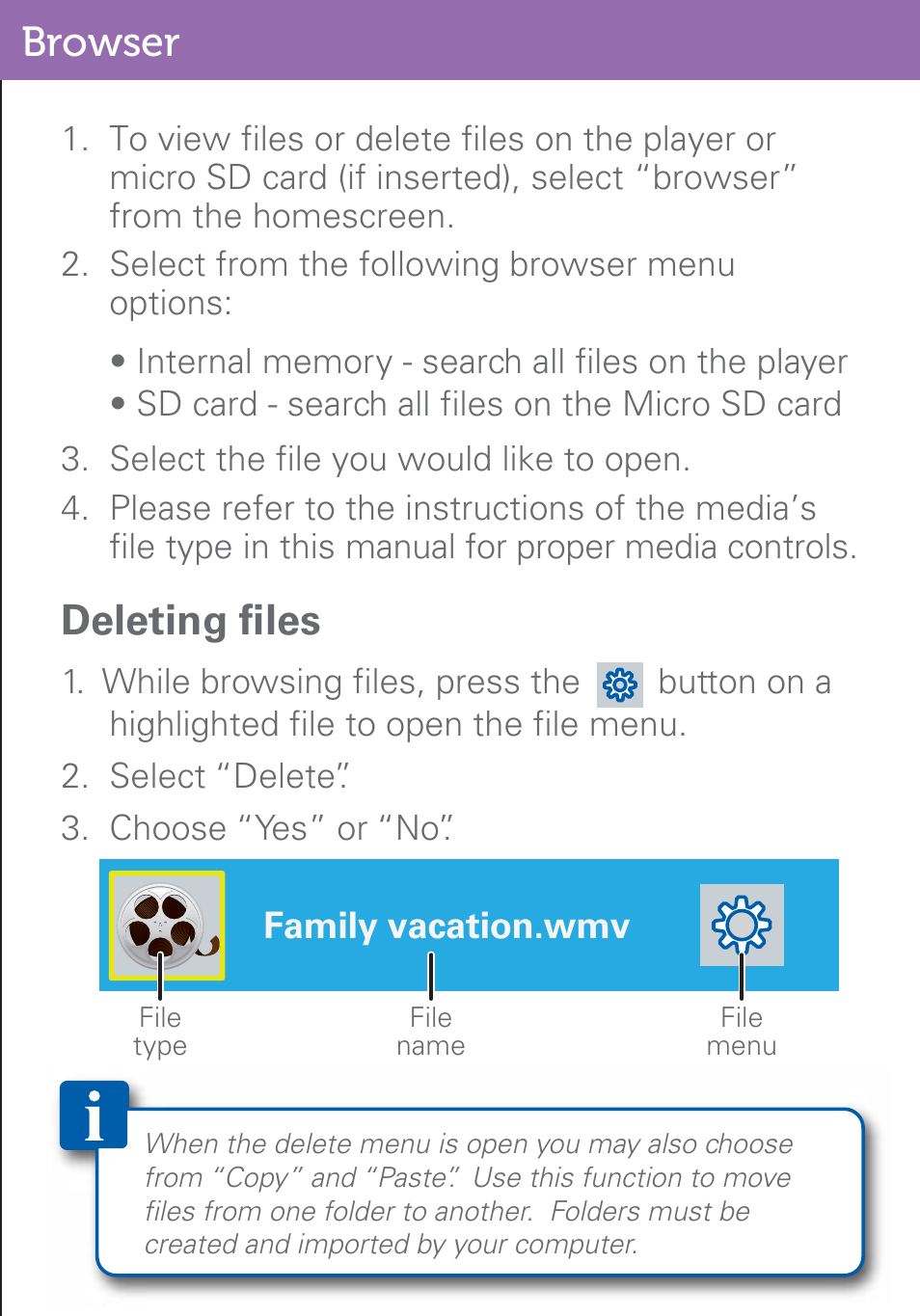 Browser, Deleting files | Polaroid PMP500-4 User Manual | Page 24 / 32