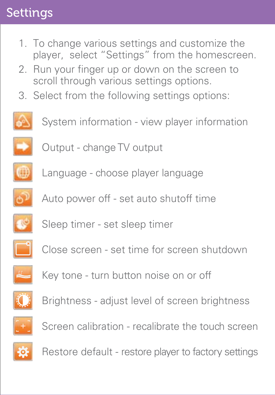 Settings | Polaroid PMP500-4 User Manual | Page 25 / 32