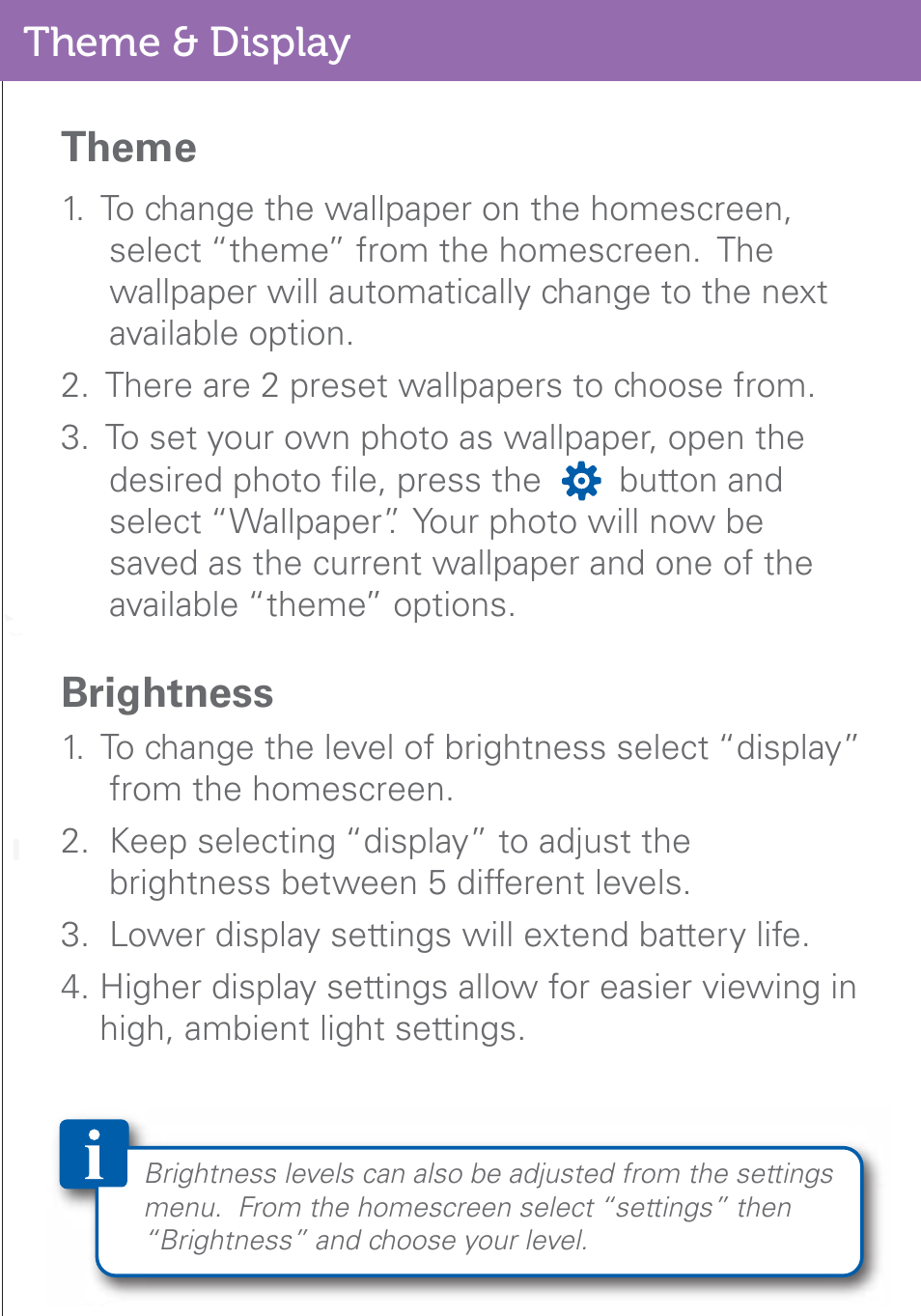 Theme & display theme, Brightness | Polaroid PMP500-4 User Manual | Page 26 / 32